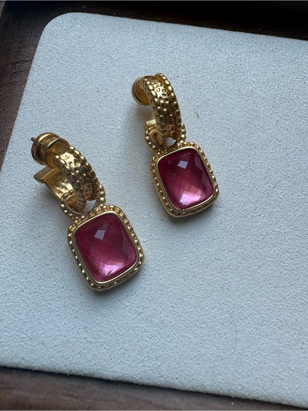 Julie Vos Gold-Tone Earrings with Pink Cushion Stones - Picture 3 of 6